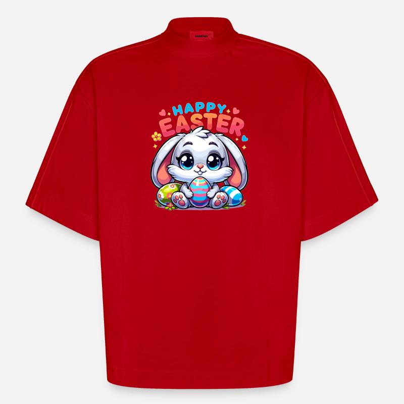 Happy Easter - Easter Bunny Illustration - Heavyweight Oversized Organic Boxy T-Shirt Made in EU - red