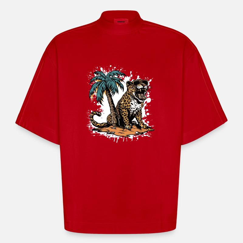Leopard Island Palm Tree - Heavyweight Oversized Organic Boxy T-Shirt Made in EU - red