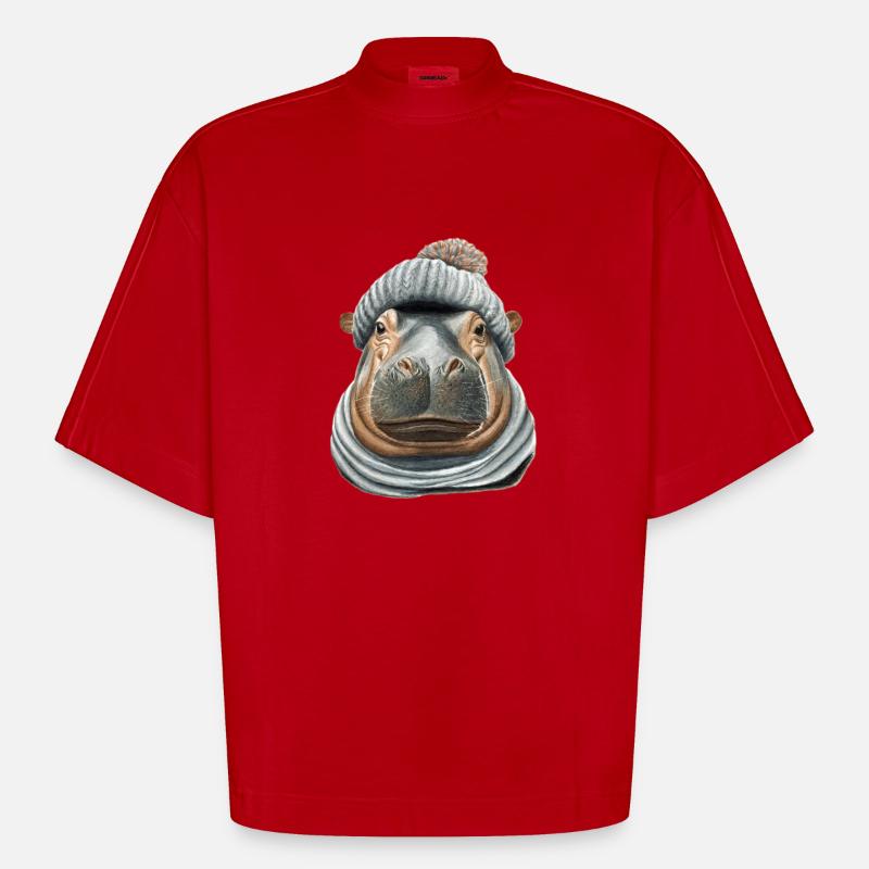 Hippopotamus Bobble Hat - Heavyweight Oversized Organic Boxy T-Shirt Made in EU - red