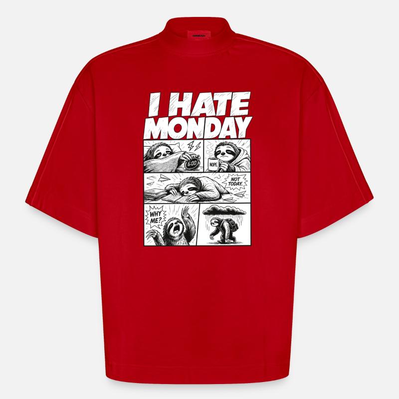 Je déteste Monday Sloth Comic - T-shirt bio épais oversize Boxy fabriqué en UE - rouge