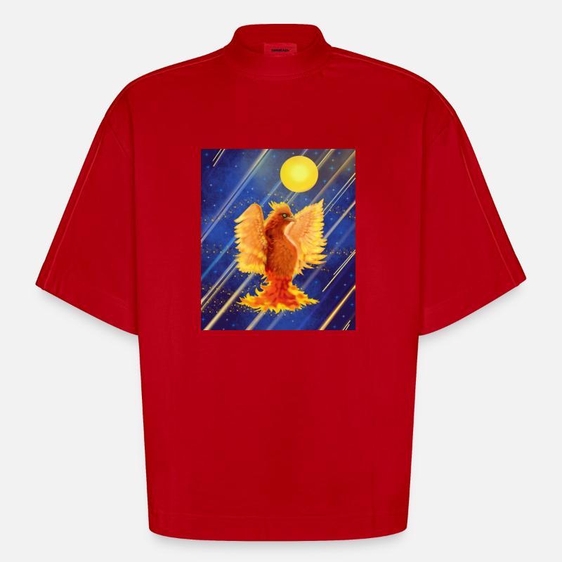 Cosmic Glowing Firebird: Cyber-Semurg - Heavyweight Oversized Organic Boxy T-Shirt Made in EU - red