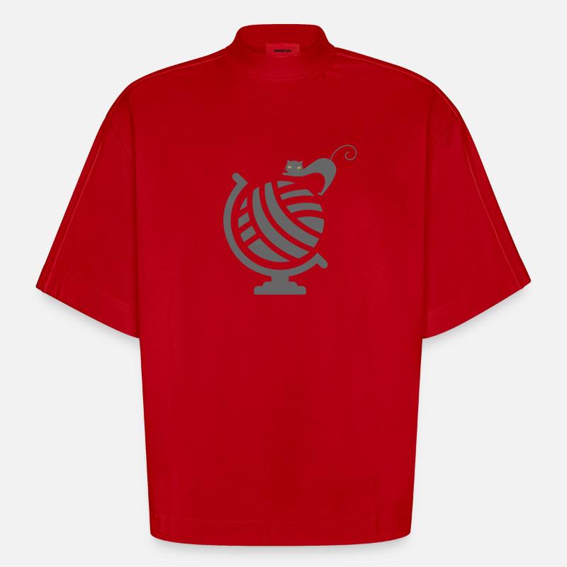 Chat mignon sur le Globe - T-shirt bio épais oversize Boxy fabriqué en UE - rouge