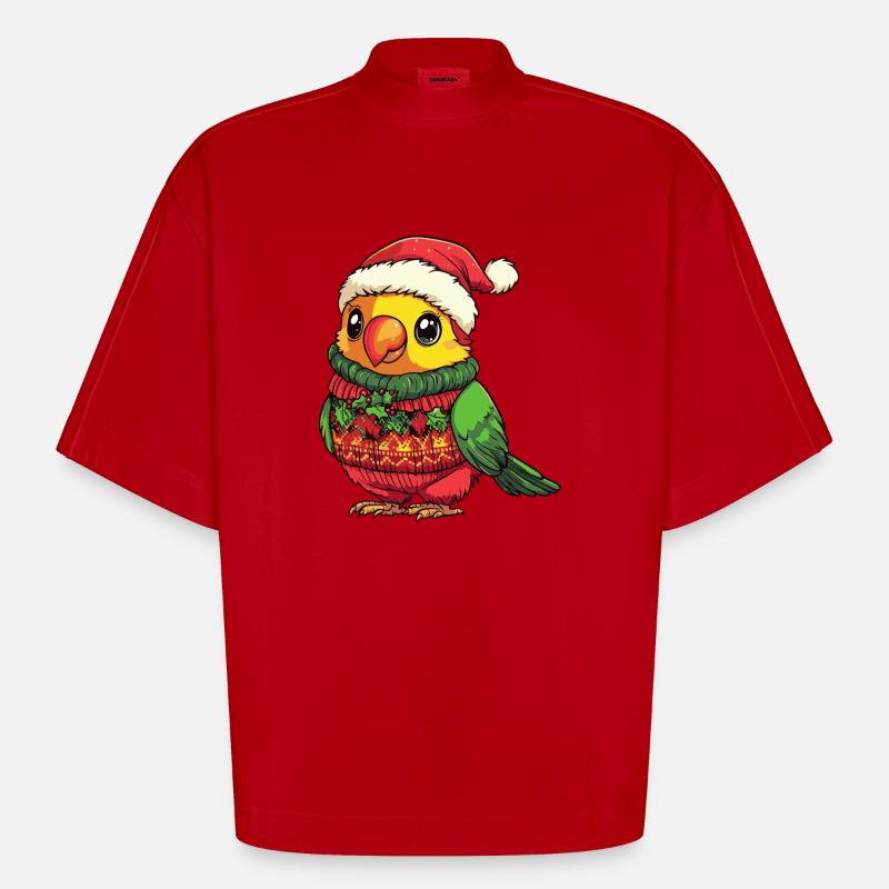 Bande dessinée de Noël perroquet - T-shirt bio épais oversize Boxy fabriqué en UE - rouge