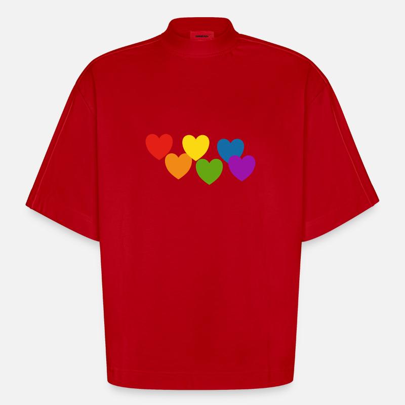 Coeurs arc-en-ciel Pride - T-shirt bio épais oversize Boxy fabriqué en UE - rouge