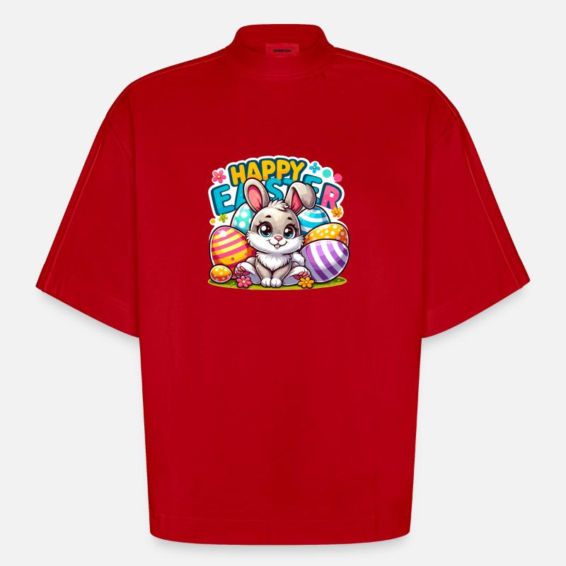 Happy Easter - Easter Bunny Illustration - Heavyweight Oversized Organic Boxy T-Shirt Made in EU - red