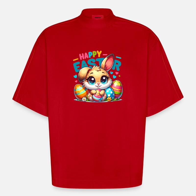 Happy Easter - Easter Bunny Illustration - Heavyweight Oversized Organic Boxy T-Shirt Made in EU - red