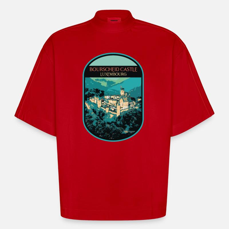 Émerveillez-vous devant le château de Bourscheid - T-shirt bio épais oversize Boxy fabriqué en UE - rouge