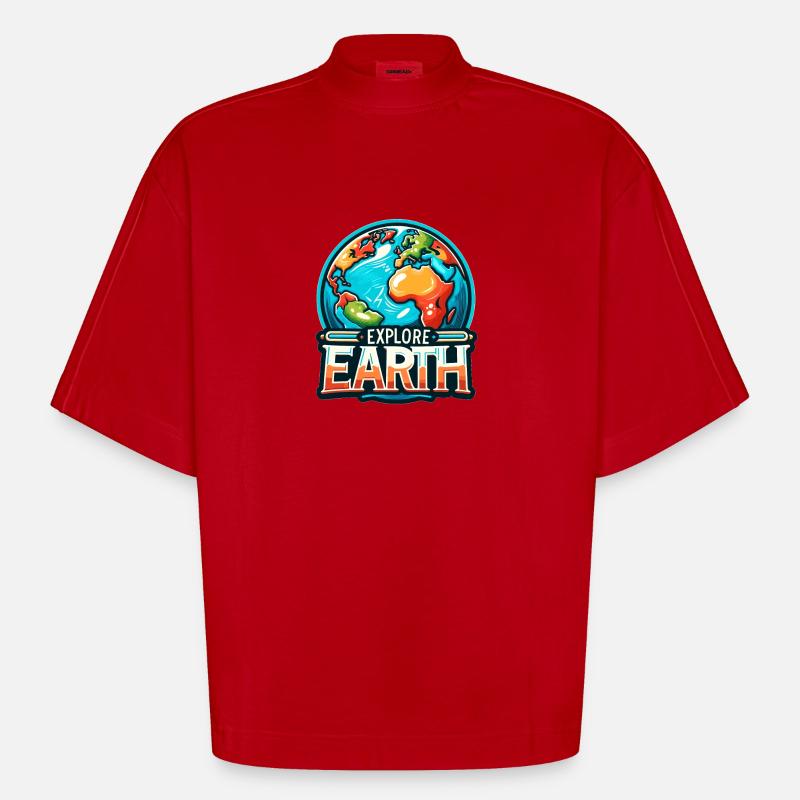 Explore Earth - Erde Illustration - Heavyweight Oversized Organic Boxy T-Shirt Made in EU - Rot
