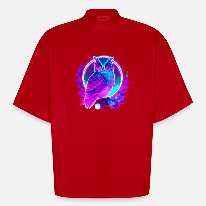 Eule Neon Moon Synthwave - Heavyweight Oversized Organic Boxy T-Shirt Made in EU - Rot