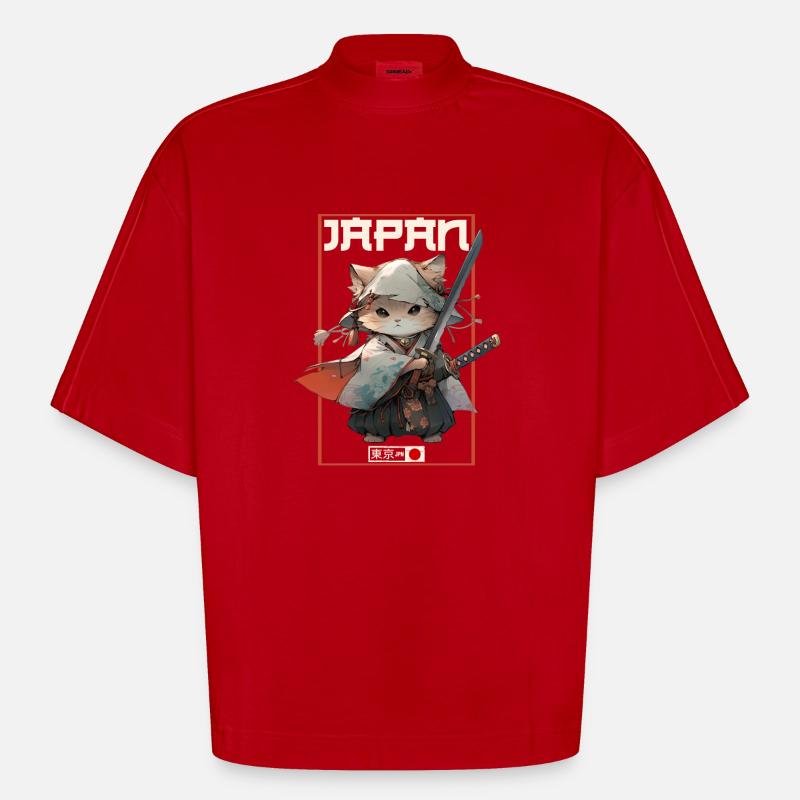 Chat d’Asie Samouraï japonais Samouraï - T-shirt bio épais oversize Boxy fabriqué en UE - rouge
