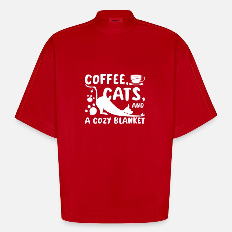 Café, chats et couverture douillette - T-shirt bio épais oversize Boxy fabriqué en UE - rouge