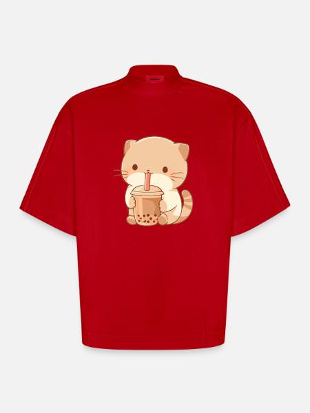 Kawaii Katt Drycker Boba Bubble Tea Chibi - Heavyweight Oversized Organic Boxy T-shirt Made in EU - röd
