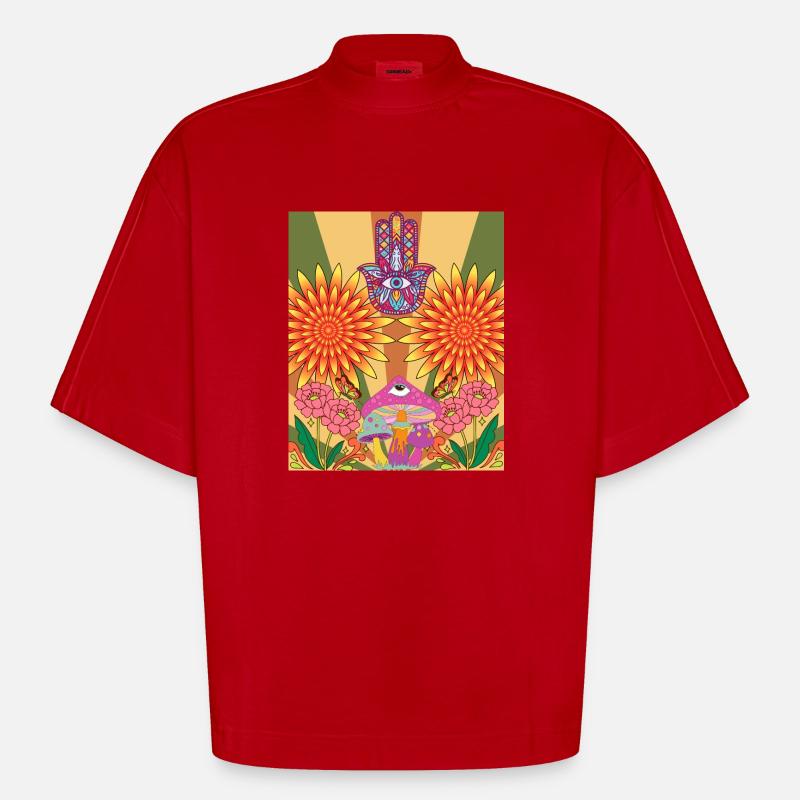 Conception de fleurs psychédéliques - T-shirt bio épais oversize Boxy fabriqué en UE - rouge