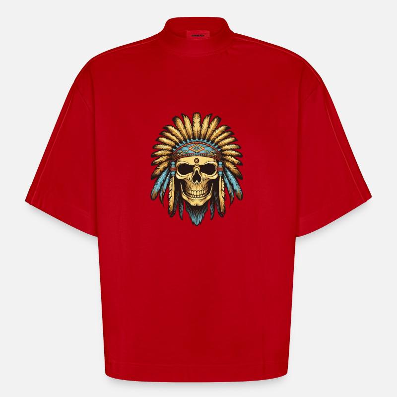 Crâne de chef indien Apache - T-shirt bio épais oversize Boxy fabriqué en UE - rouge