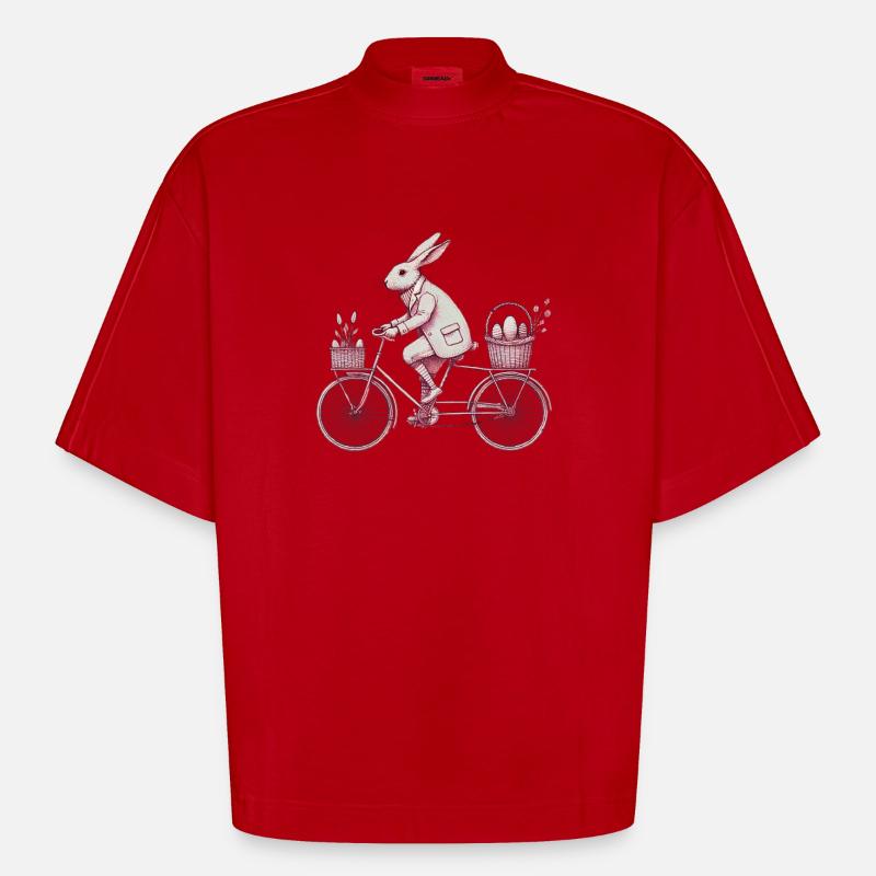 Easter Bunny Bicycle Retro Style - Heavyweight Oversized Organic Boxy T-Shirt Made in EU - red
