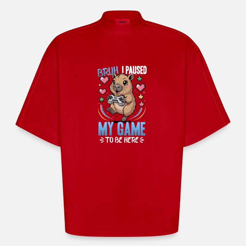 Capybara Gamer Gaming - T-shirt bio épais oversize Boxy fabriqué en UE - rouge
