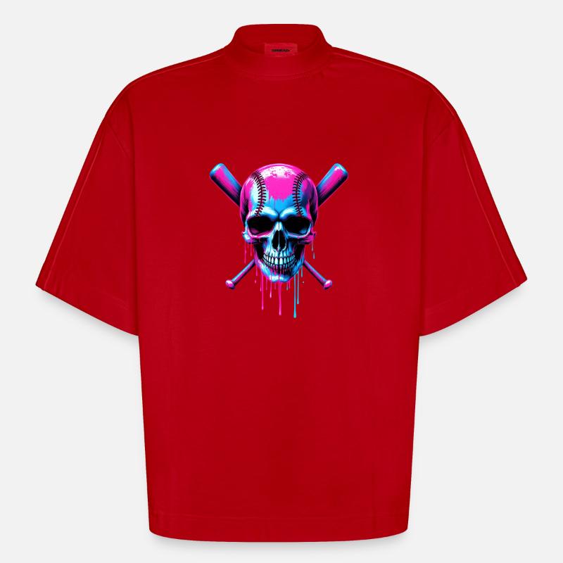 Baseball Skull Batte de Baseball - T-shirt bio épais oversize Boxy fabriqué en UE - rouge