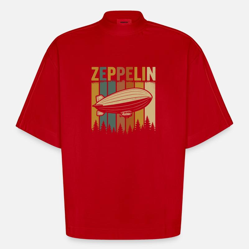 Dirigeable Zeppelin à rayures rétro - T-shirt bio épais oversize Boxy fabriqué en UE - rouge