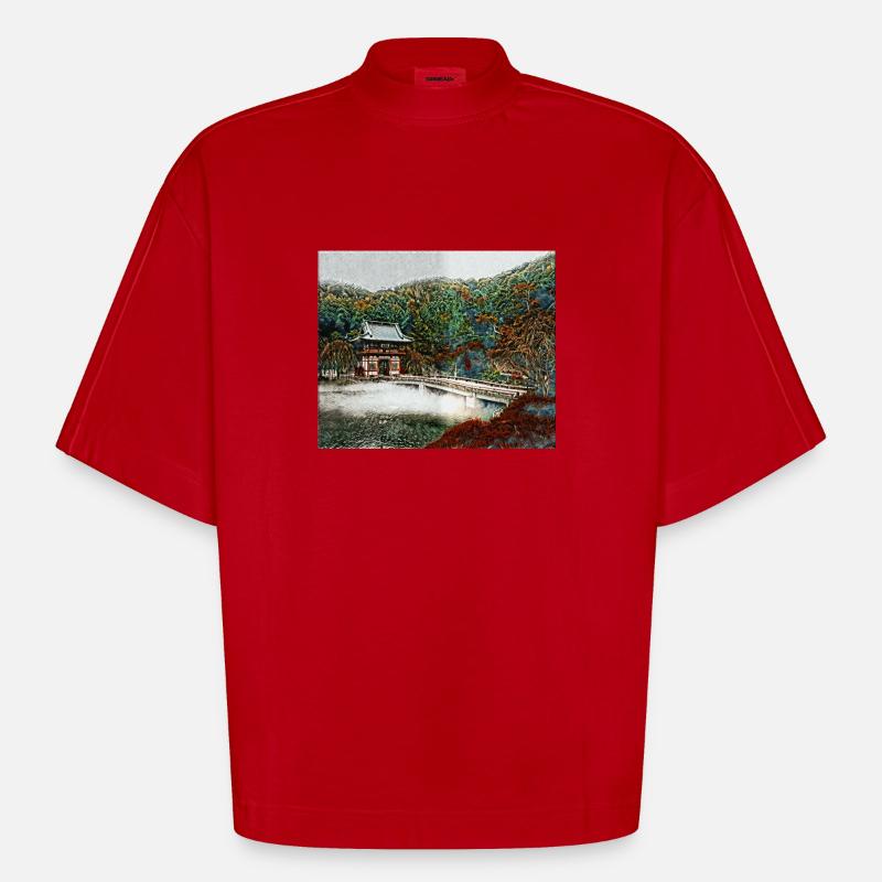 Temple dans la forêt - T-shirt bio épais oversize Boxy fabriqué en UE - rouge