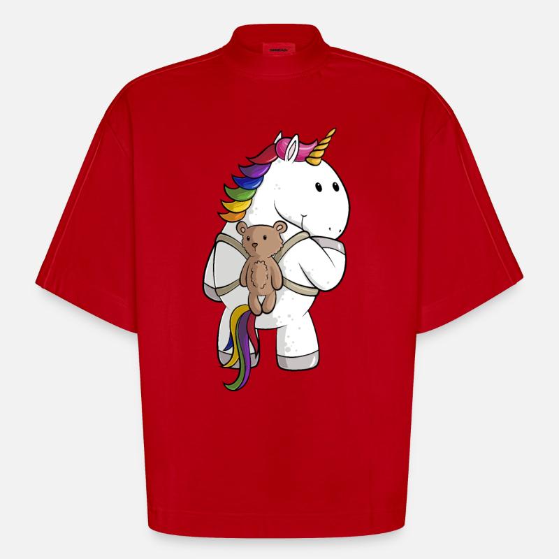 Comic Einhorn mit Rucksack - Heavyweight Oversized Organic Boxy T-Shirt Made in EU - Rot