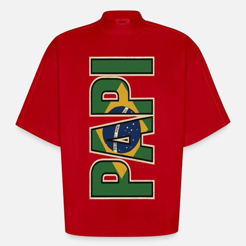 PAPI Brasil – Style rétro avec drapeaux - T-shirt bio épais oversize Boxy fabriqué en UE - rouge