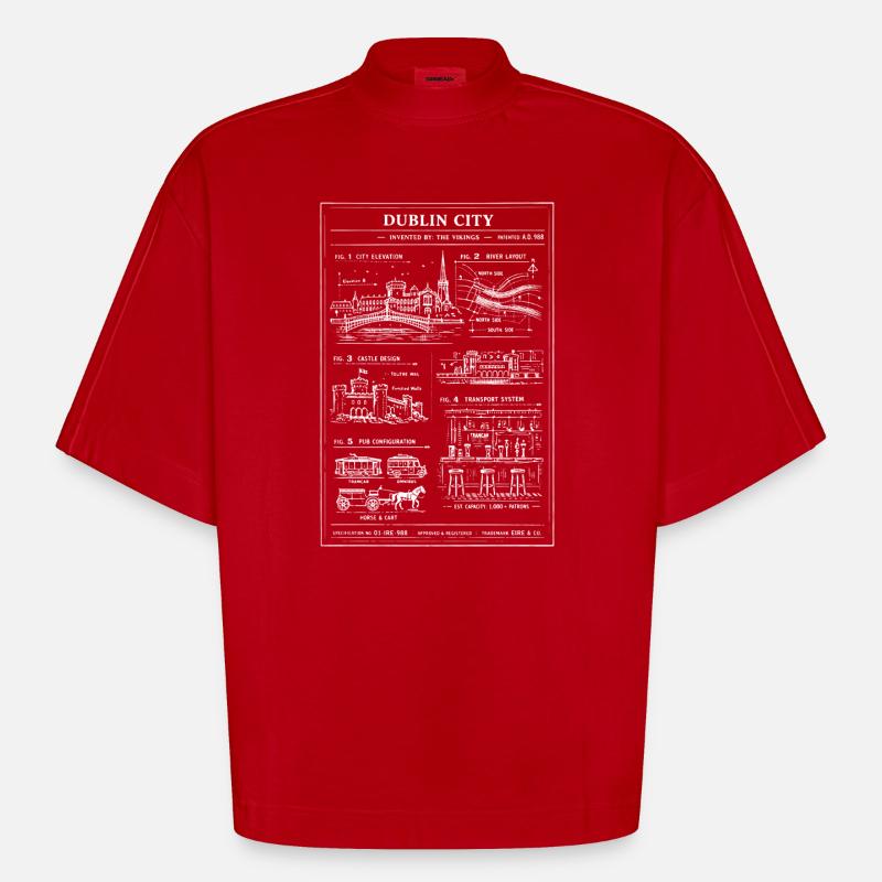 Dubliner Skyline-Bauplan - Heavyweight Oversized Organic Boxy T-Shirt Made in EU - Rot