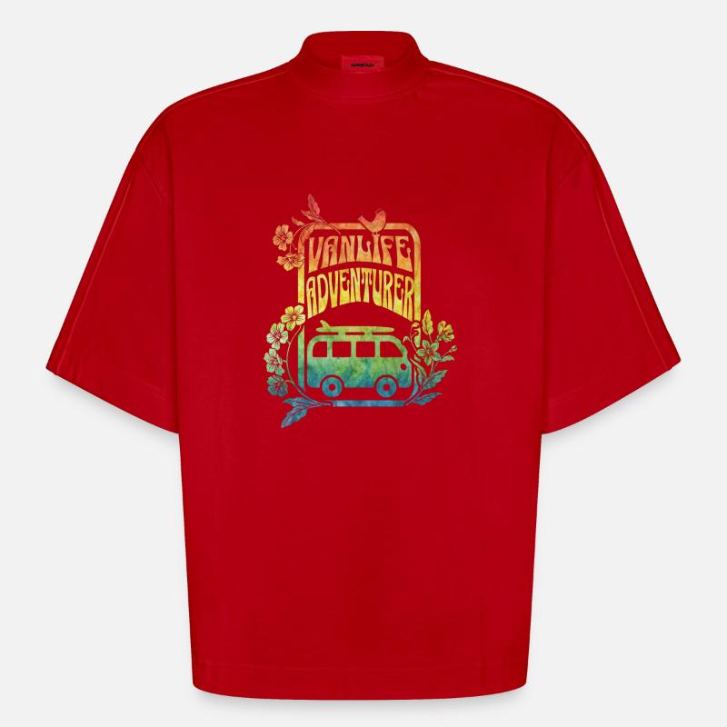 Vanlife - Regenbogenfarbene Blumen - Heavyweight Oversized Organic Boxy T-Shirt Made in EU - Rot