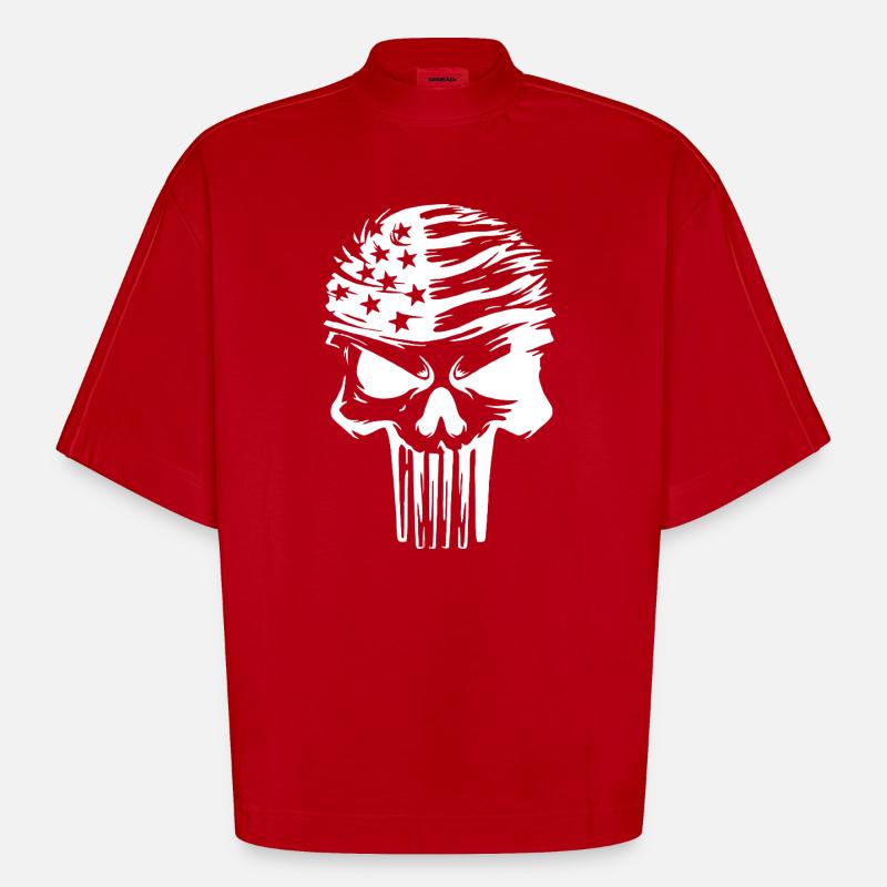 Conception graphique de crâne étoilé - T-shirt bio épais oversize Boxy fabriqué en UE - rouge