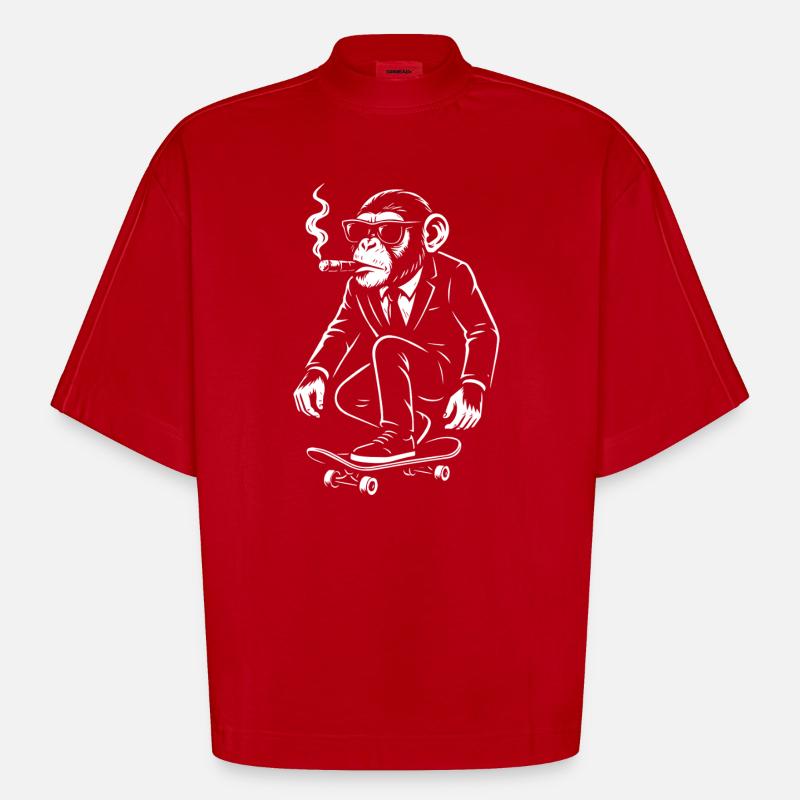 Dapper Monkey sur Skateboard - T-shirt bio épais oversize Boxy fabriqué en UE - rouge