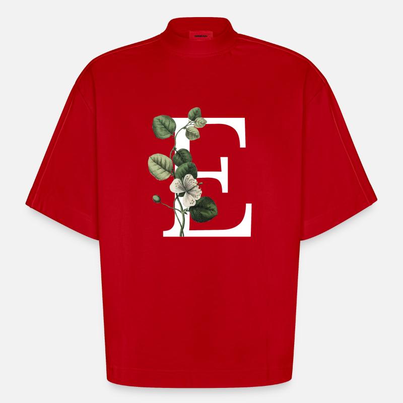 lettre e botanique vert - T-shirt bio épais oversize Boxy fabriqué en UE - rouge