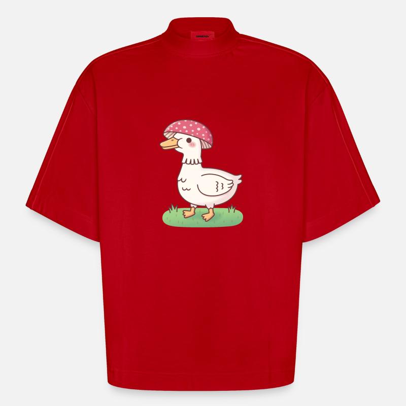 Cute Toadstool Mushroom Duck - Heavyweight Oversized Organic Boxy T-Shirt Made in EU - red