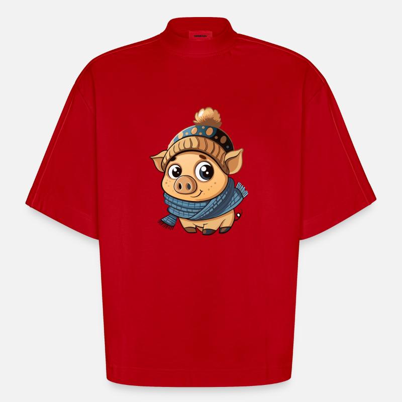 Mignon cochon avec écharpe et chapeau à pompon. - T-shirt bio épais oversize Boxy fabriqué en UE - rouge