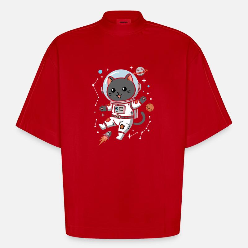 Chat de l’espace - T-shirt bio épais oversize Boxy fabriqué en UE - rouge