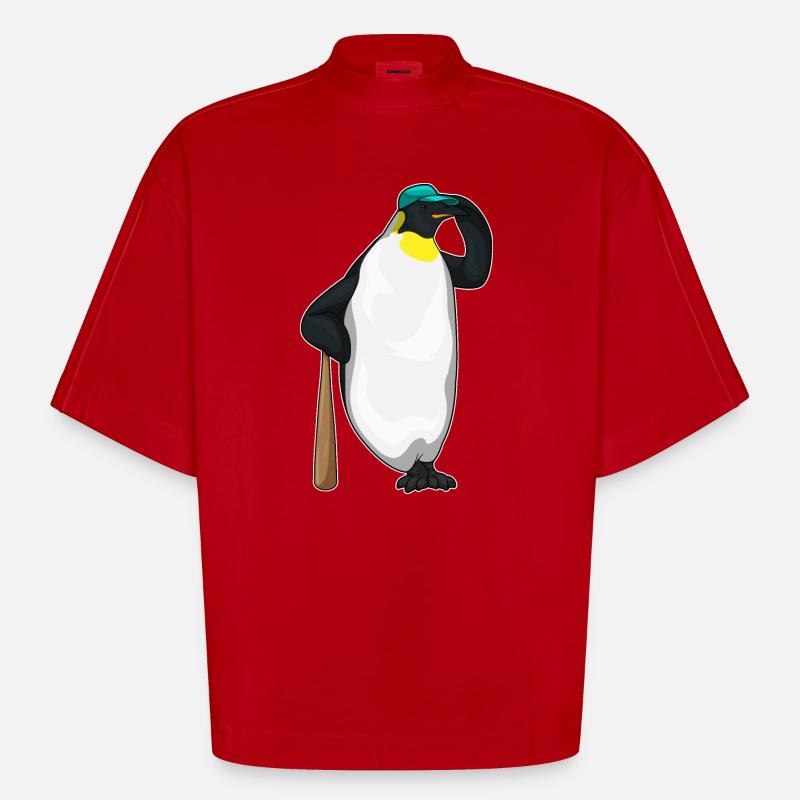 Penguin Baseball Batts - T-shirt bio épais oversize Boxy fabriqué en UE - rouge