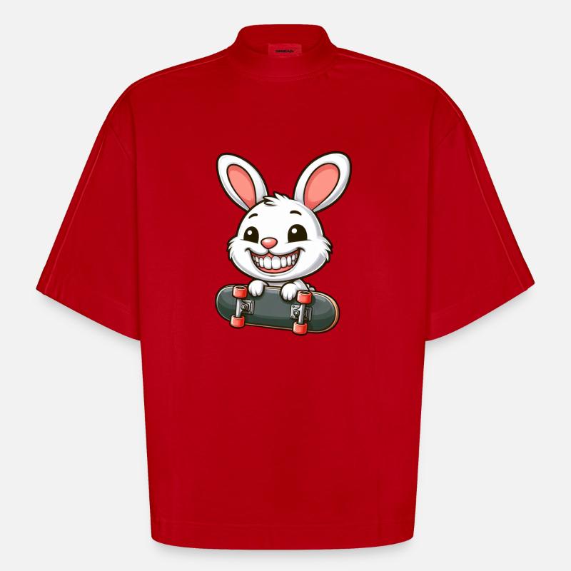 Mignon lapin blanc lapin planche à roulettes - T-shirt bio épais oversize Boxy fabriqué en UE - rouge