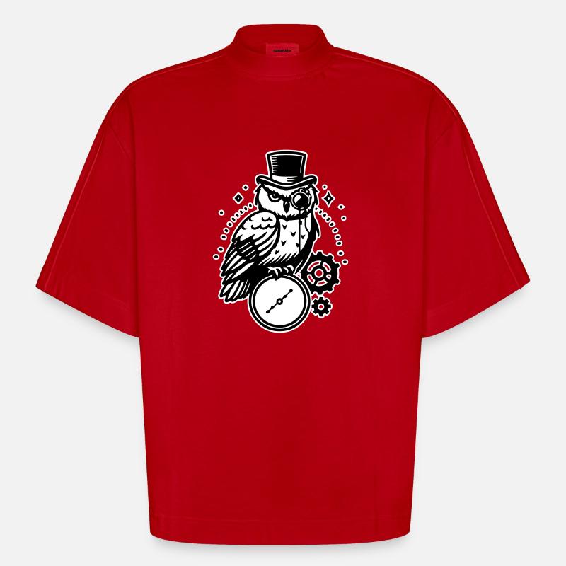 Steampunk Eule und Uhr Design - Heavyweight Oversized Organic Boxy T-Shirt Made in EU - Rot