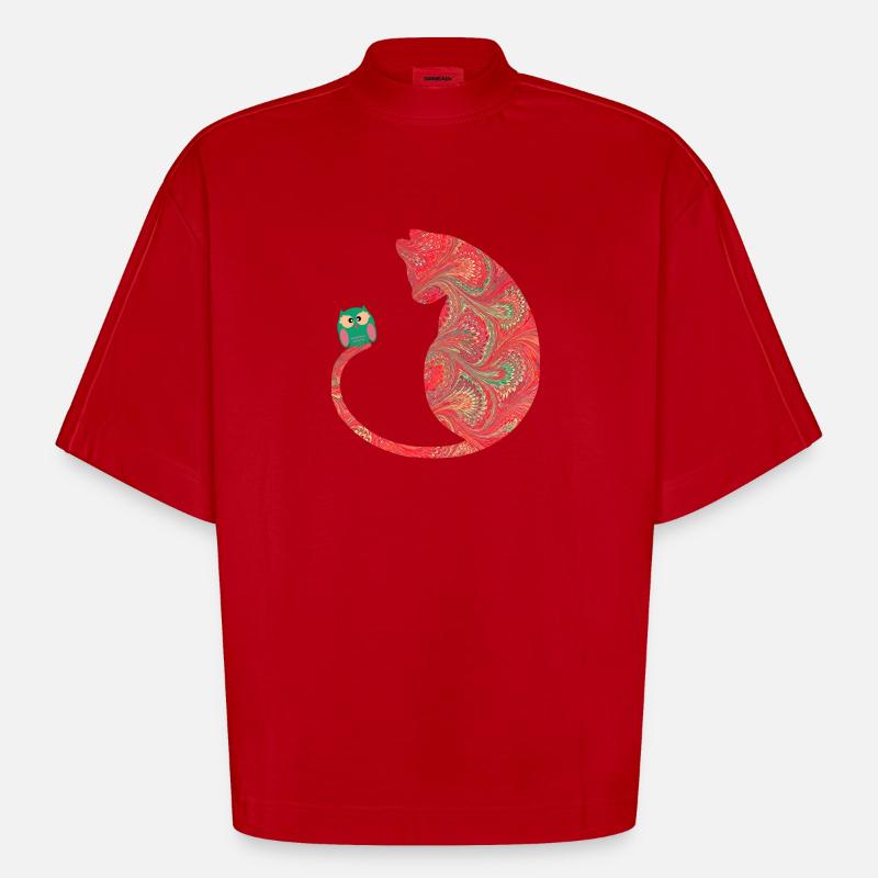 Cat with owl E 91 - Heavyweight Oversized Organic Boxy T-Shirt Made in EU - red