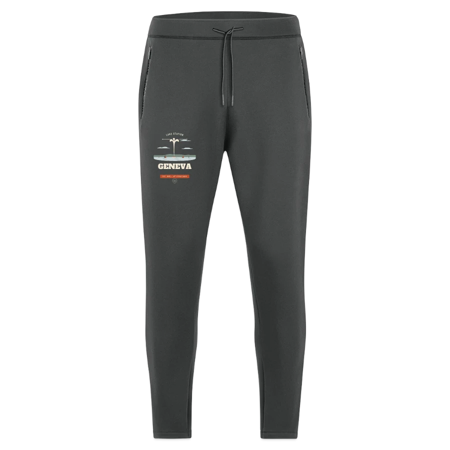 Geneva badge on a jako pro casual joggers, graphite grey