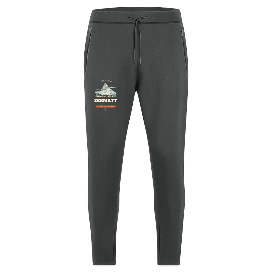 Zermatt badge on a jako pro casual joggers, graphite grey