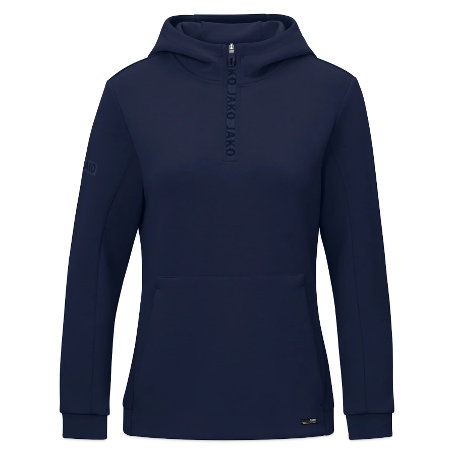 Interlaken badge on a jako pro casual women’s zip hoodie, marine