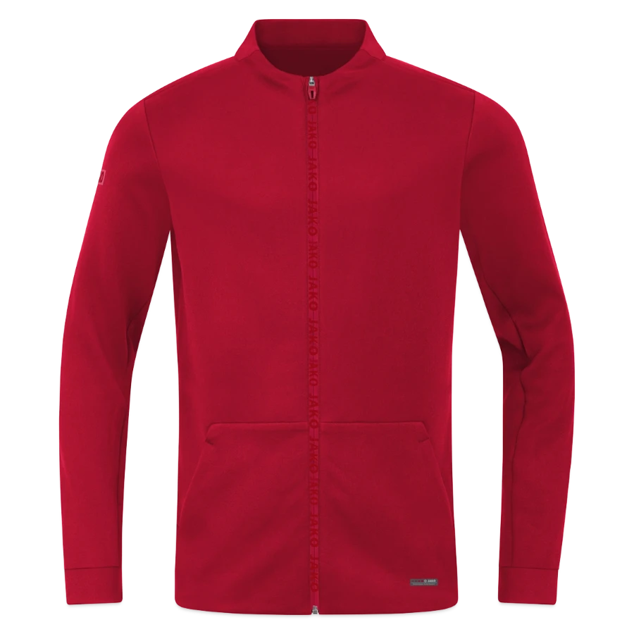 Geneva badge on a jako pro casual jacket, dark red