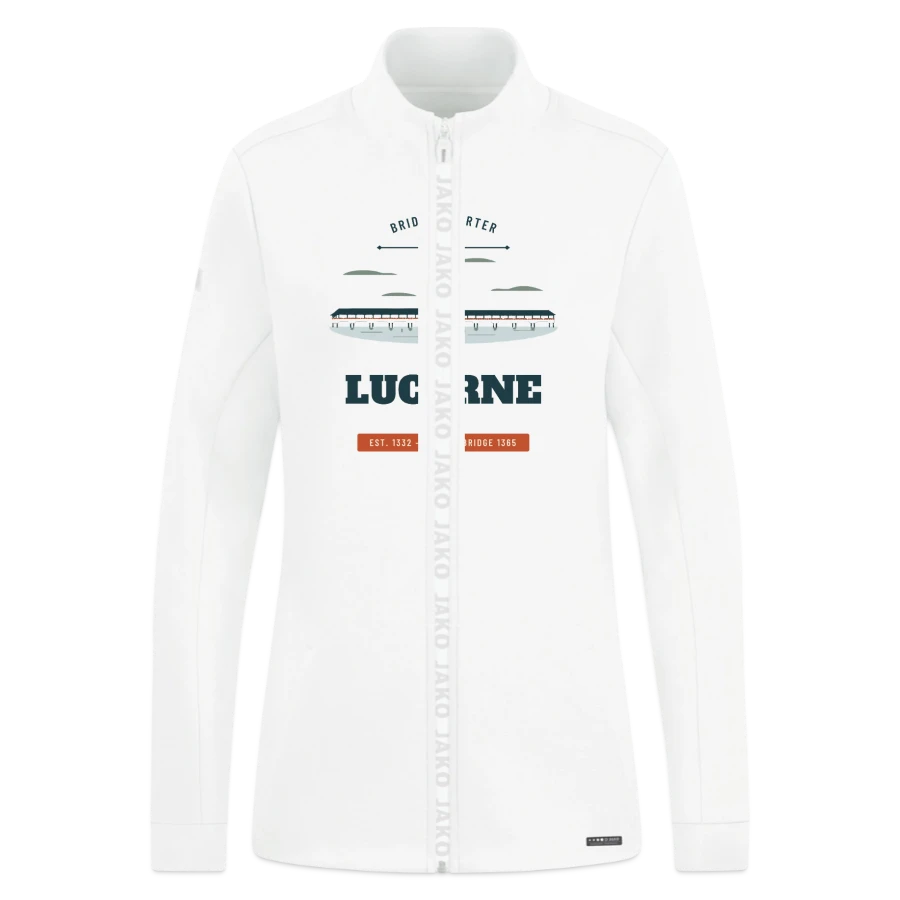 Lucerne badge on a jako pro casual women’s jacket, white
