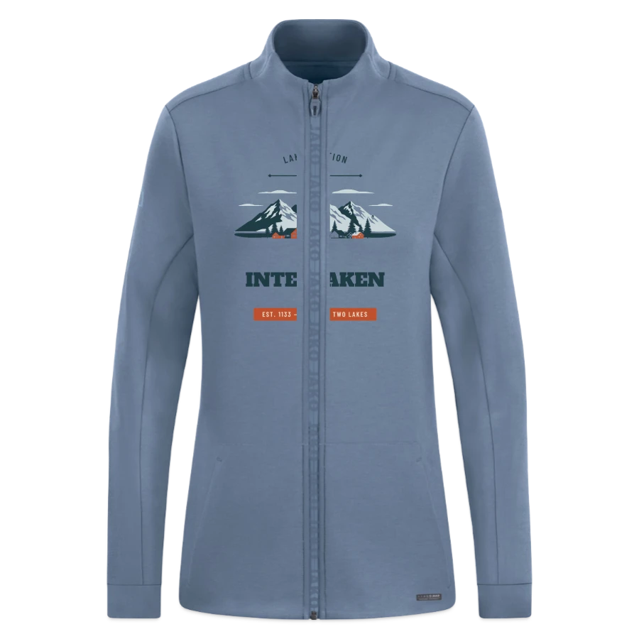 Interlaken badge on a jako pro casual women’s jacket, steel blue
