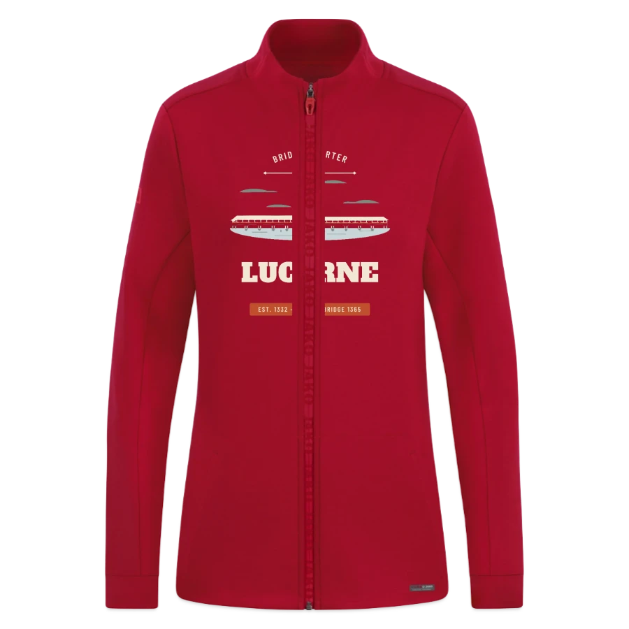 Lucerne badge on a jako pro casual women’s jacket, dark red