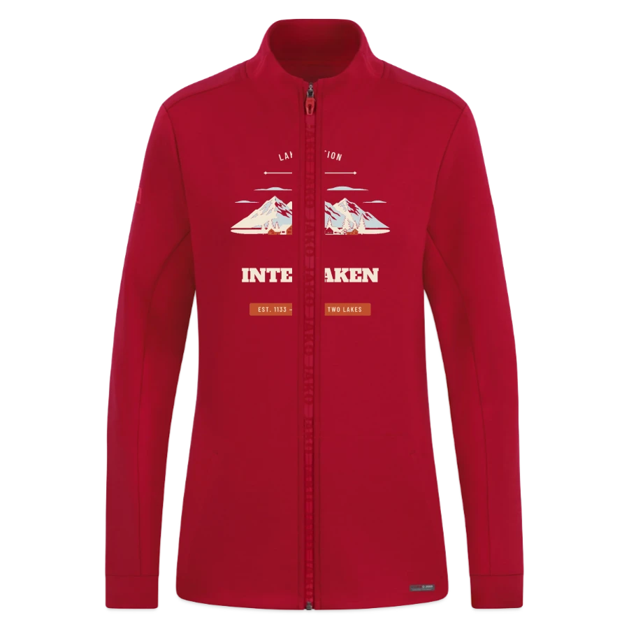 Interlaken badge on a jako pro casual women’s jacket, dark red