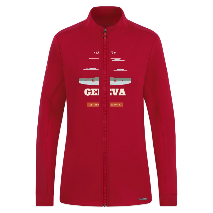 Geneva badge on a jako pro casual women’s jacket, dark red
