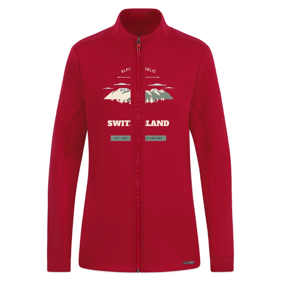 Switzerland badge on a jako pro casual women’s jacket, dark red