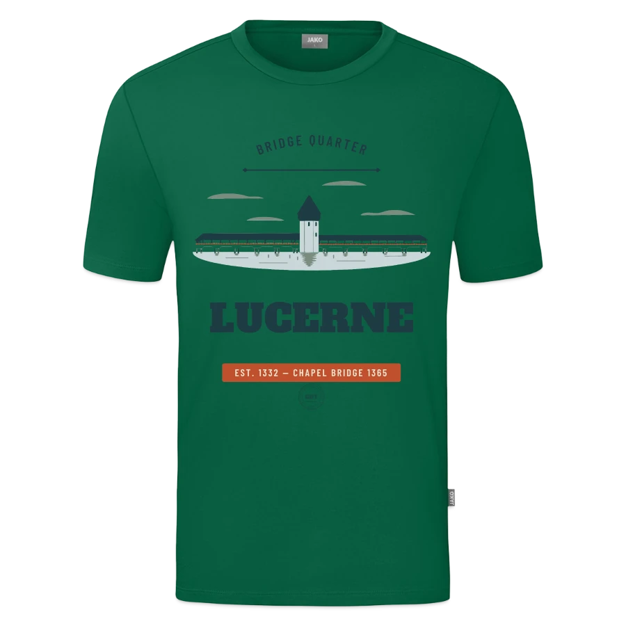 Lucerne badge on a jako organic kids’ t-shirt , kelly green