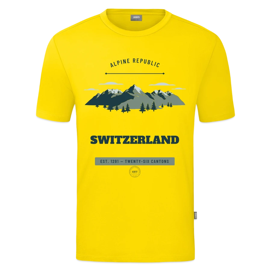 Switzerland badge on a jako organic kids’ t-shirt , yellow