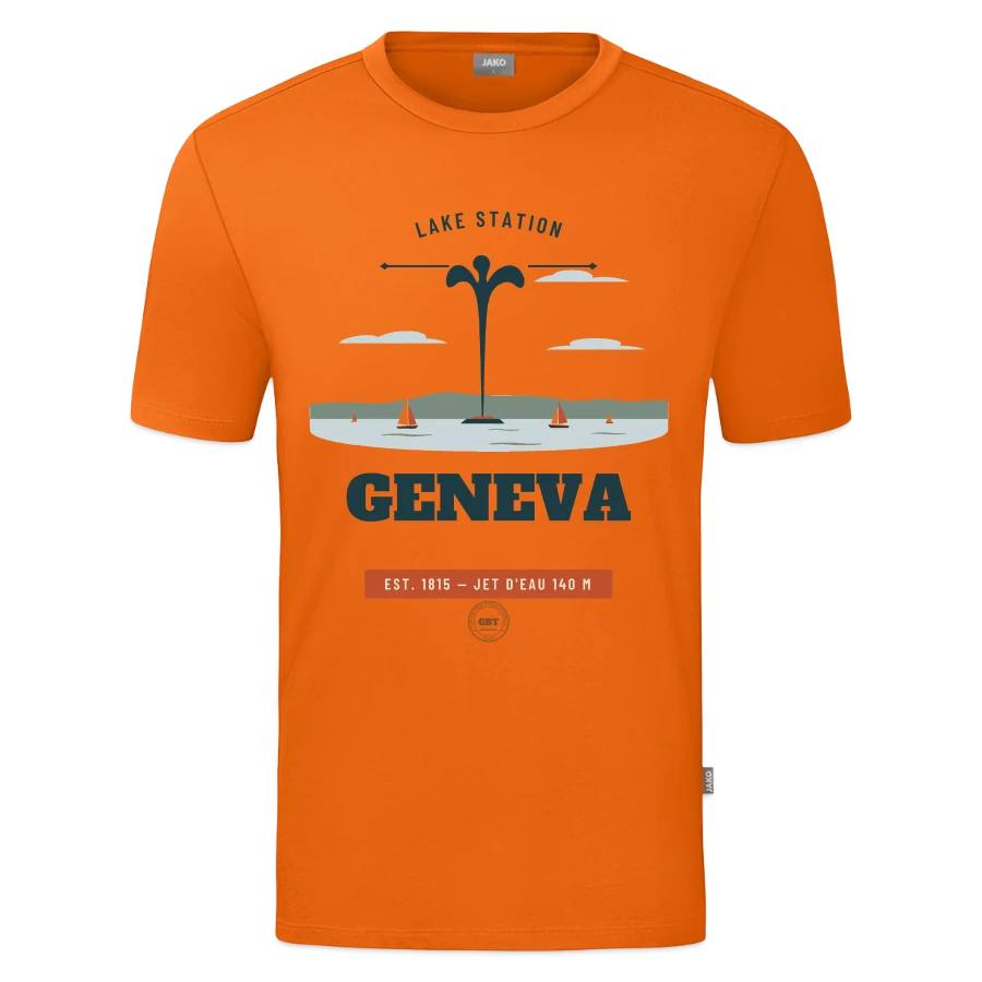 Geneva badge on a jako organic kids’ t-shirt , neon orange